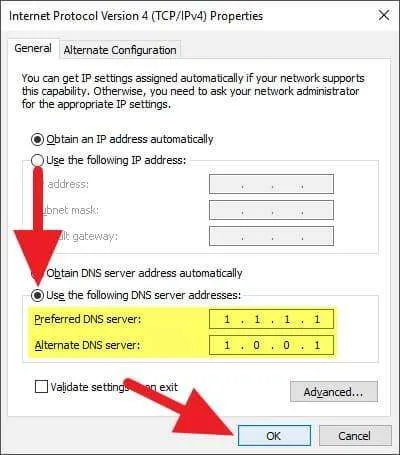 Ganti DNS Windows 1.1.1.1