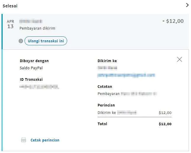 Rincian pembayaran Paypal