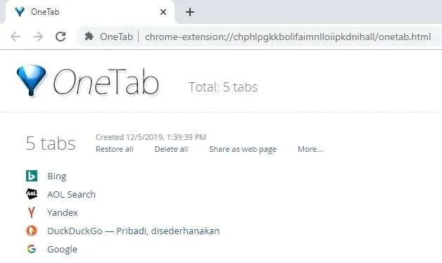 3 Cara Restart Chrome Tanpa Kehilangan Tab yang Dibuka 5 saved tabs OneTab 1 3 Cara Restart Chrome Tanpa Kehilangan Tab yang Dibuka 5 saved tabs OneTab 1