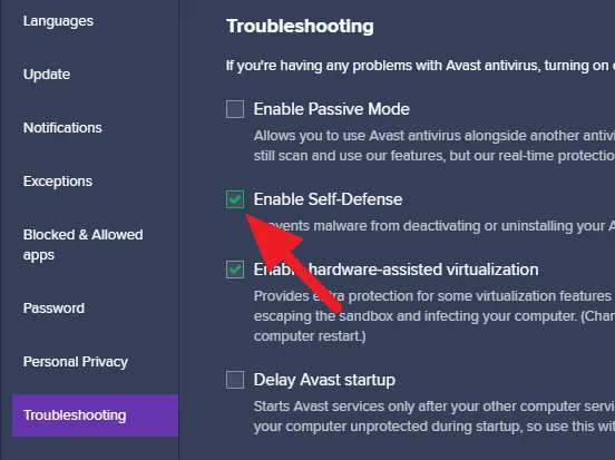Enable self defense option 3 Cara Jalankan Program yang Diblokir Avast 18 Enable self defense option