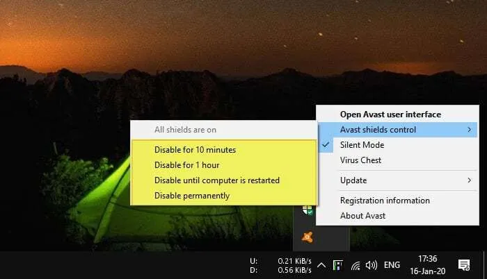 disable Avast shields 3 Cara Jalankan Program yang Diblokir Avast 4 disable Avast shields