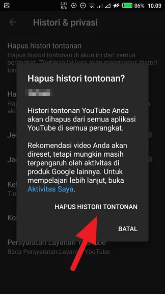 Hapus histori Cara Menghapus Riwayat Tontonan di Aplikasi Youtube 7 Hapus histori