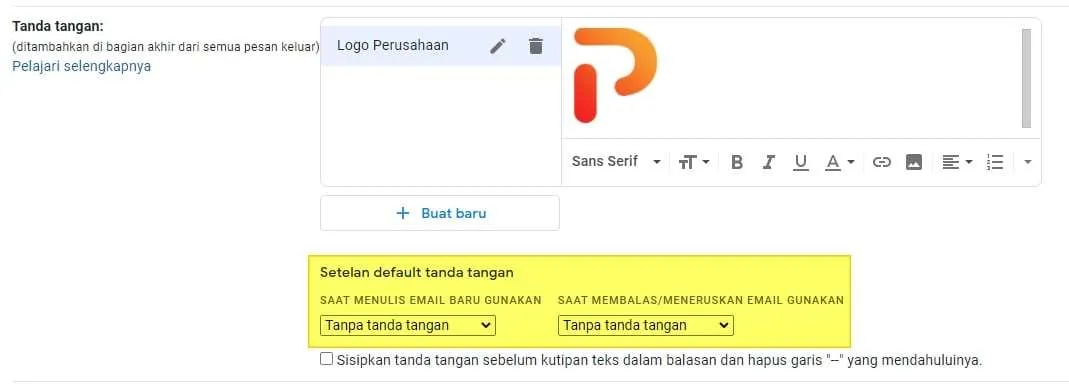 setelan default tanda tangan 1 Cara Memasang Logo Perusahaan di Bagian Bawah Email Gmail 10 setelan default tanda tangan 1