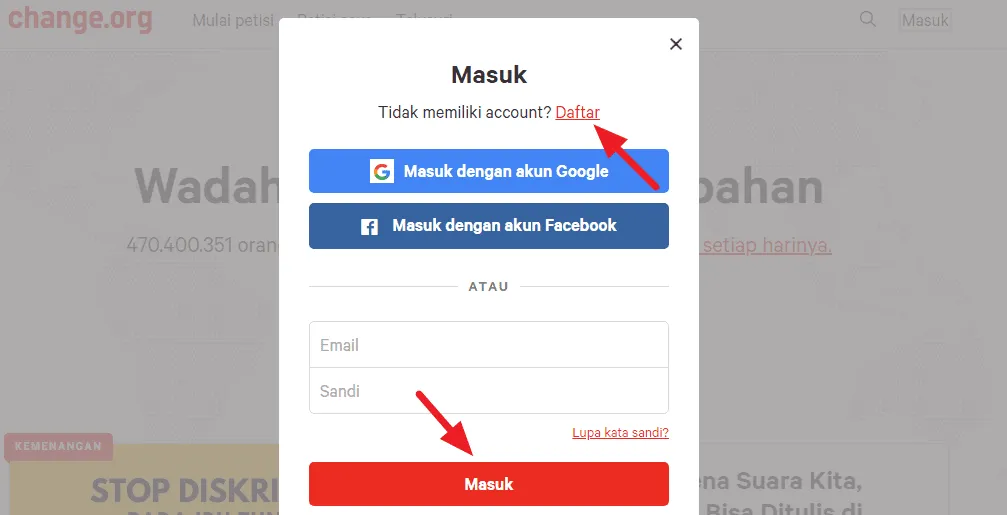 klik daftar Cara Mudah Membuat Petisi Online di Change.org 3 klik daftar